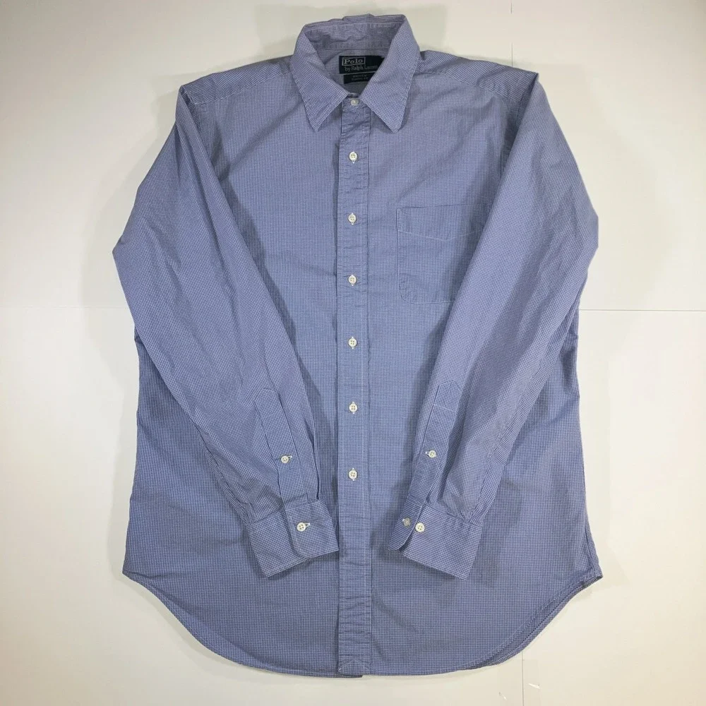 Vintage Polo Ralph Lauren Andrew Dress Shirt Mens 16 34/35 Blue Mini Check